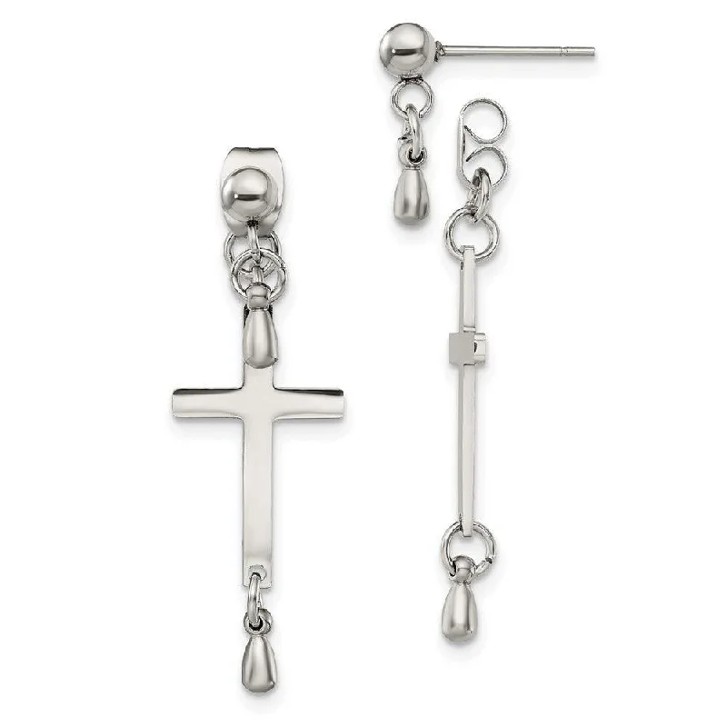 Bright Silver Earrings-Stainless Steel Polished Cross Dangle Front and Back Post Earrings