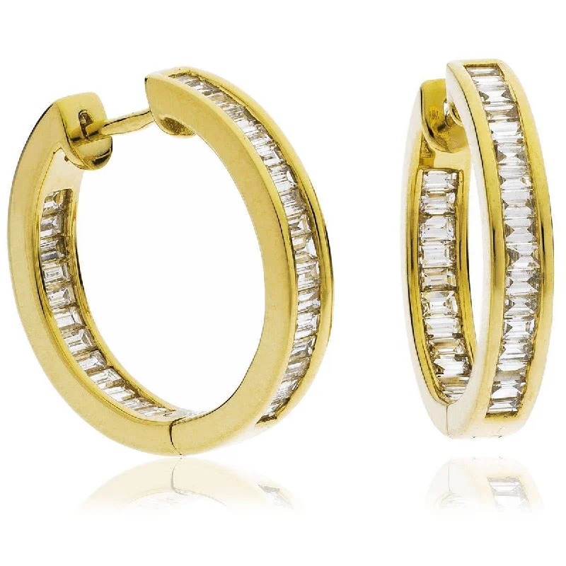 Classic Silver Earrings-BAGUETTE CUT DIAMOND CHANNEL SET HOOP EARRINGS IN 18K YELLOW GOLD