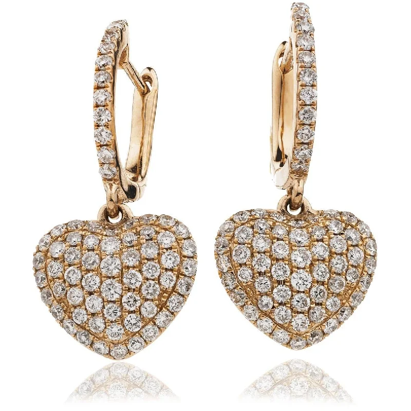 Elegant Silver Hoops-DIAMOND HEART SHAPE AND PAVE SETTING DROP EARRINGS IN 18K ROSE GOLD