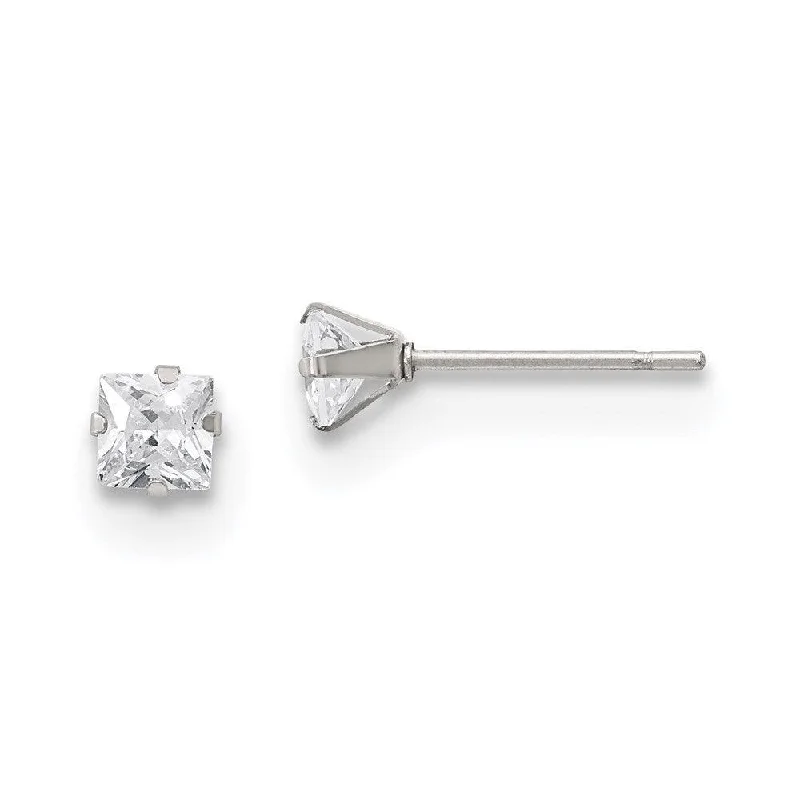 Funky Silver Earrings-Stainless Steel Polished 4mm Square CZ Stud Post Earrings