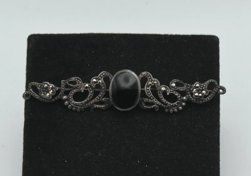 Classic Pearl Brooch-Vintage Sterling Silver Black Onyx and Marcasite Brooch