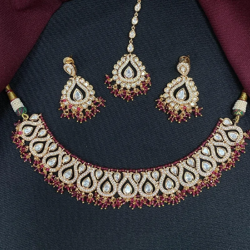 Elegant Wedding Necklaces-Shagna Gold Plated Kundan And Austrian Stone Necklace Set