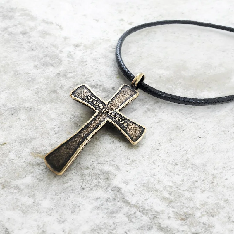 Colorful Beaded Necklaces-Forgiven Cross Antique Brass Metal Finish Black Cord Necklace