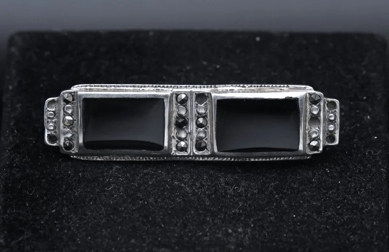 Vintage Brooch with Art Deco Accents-Vintage Sterling Silver, Black Onyx and Marcasite Bar Pin