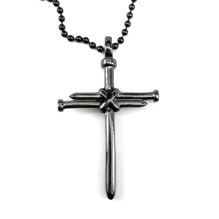 Personalized Name Necklaces-Nail Cross Gunmetal Finish Ball Chain Necklace