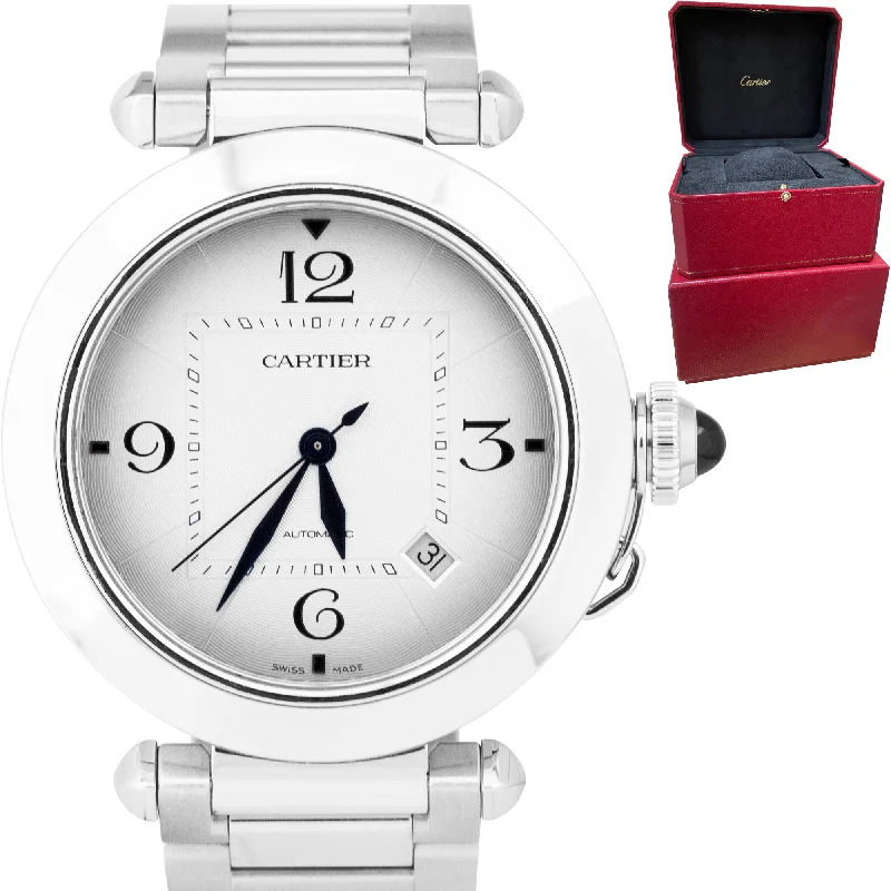 Trendy Mesh Band Watches-Cartier Pasha White Ivory Arabic 41mm Stainless Date Watch 4266 / WSPA0009 BOX