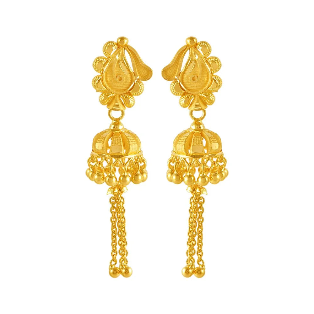 Pink Crystal Earrings-22KT (916) Yellow Gold Jhumka Earrings With Swinging Beaded Chains