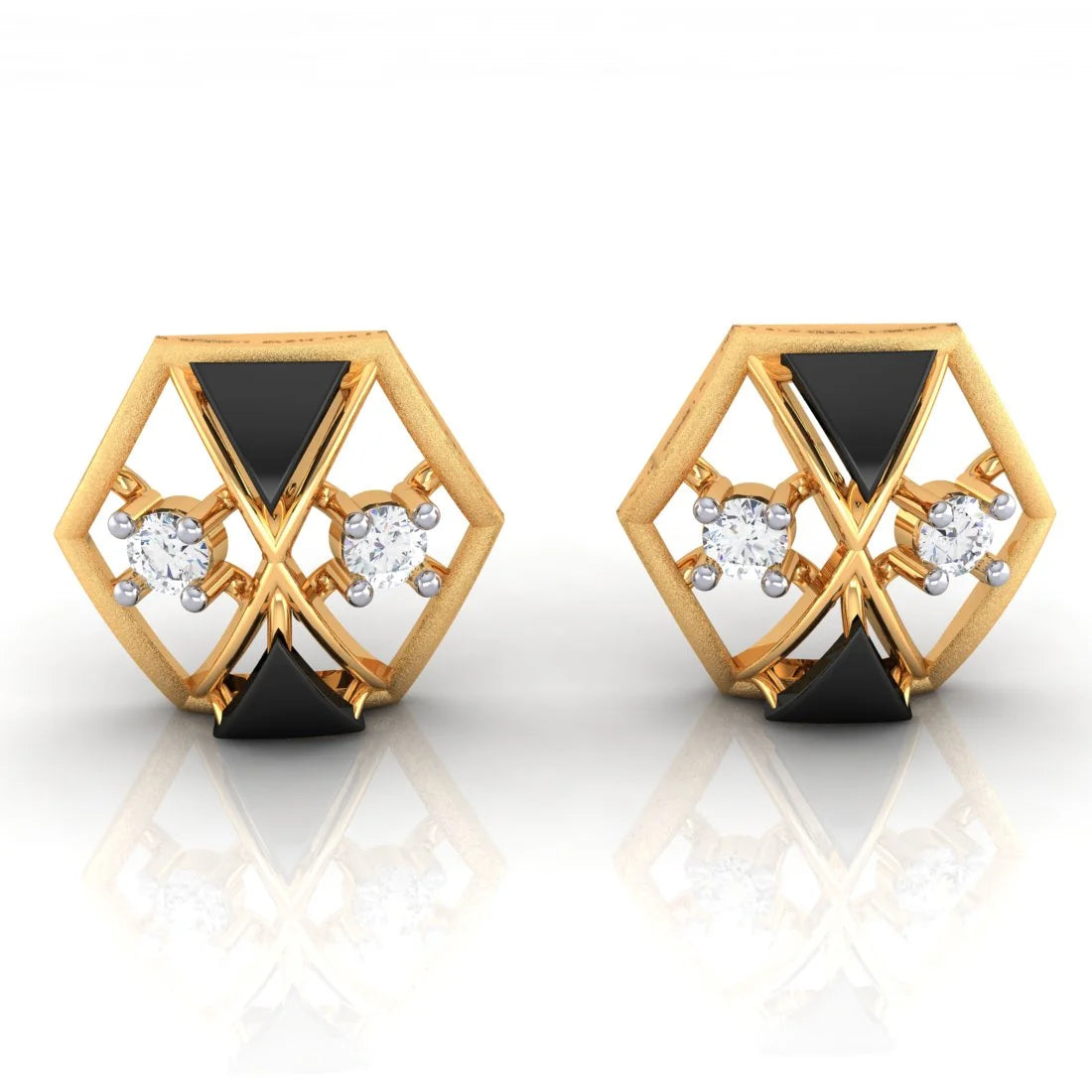 Geometric Gold Earrings-22k (916) Gold Earrings 3d Hexagonal Shape Having Central X Design With Black Meena And Embdded Stones