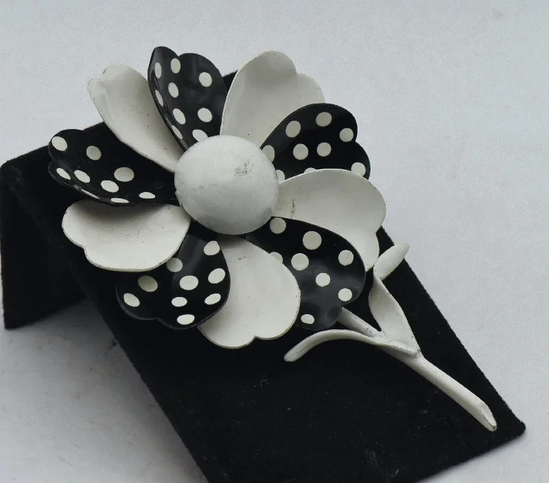 Custom Brooch with Birthstone-Vintage White and Black Polka Dot Painted Metal Flower Brooch