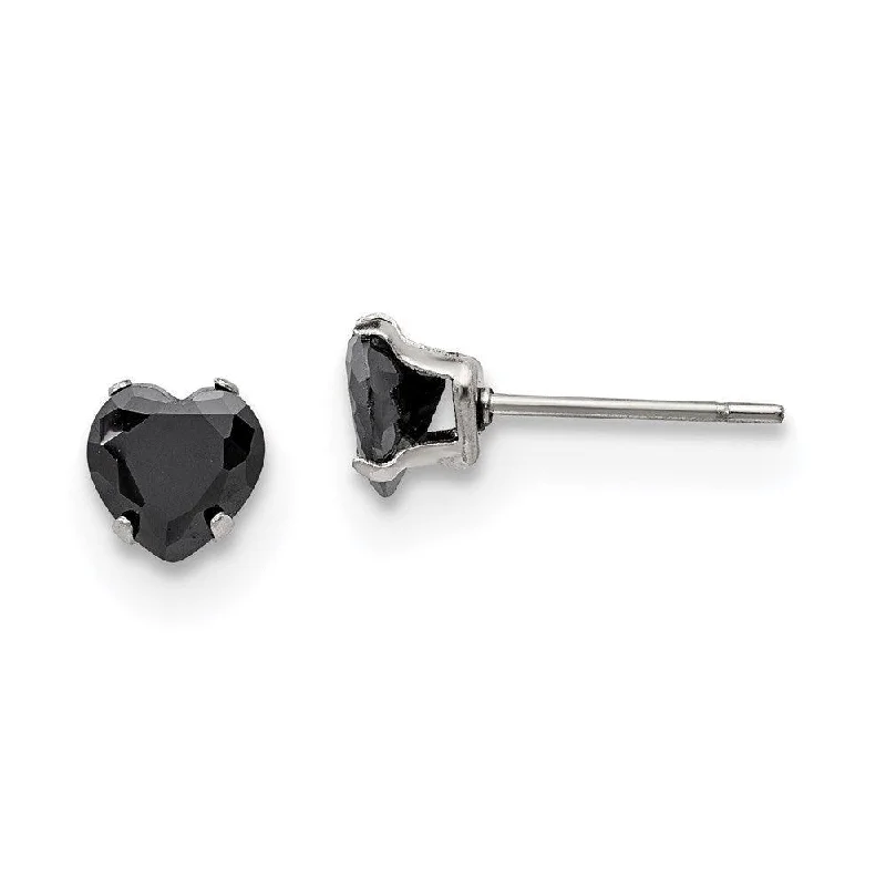 Sparkly Drop Earrings-Stainless Steel Polished 6mm Black Heart CZ Stud Post Earrings