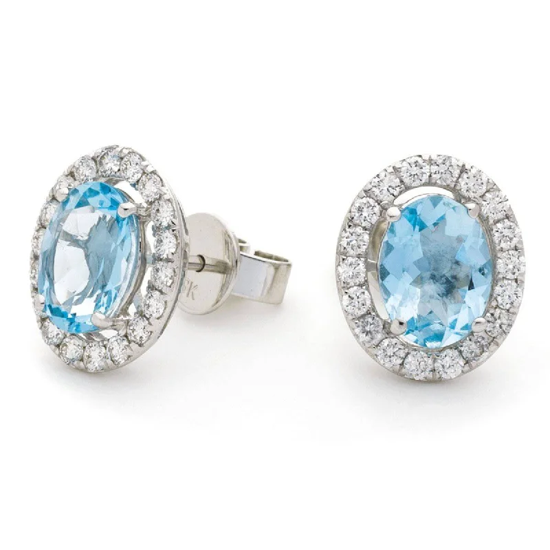 Colorful Stone Earrings-AQUAMARINE HALO STUD EARRINGS