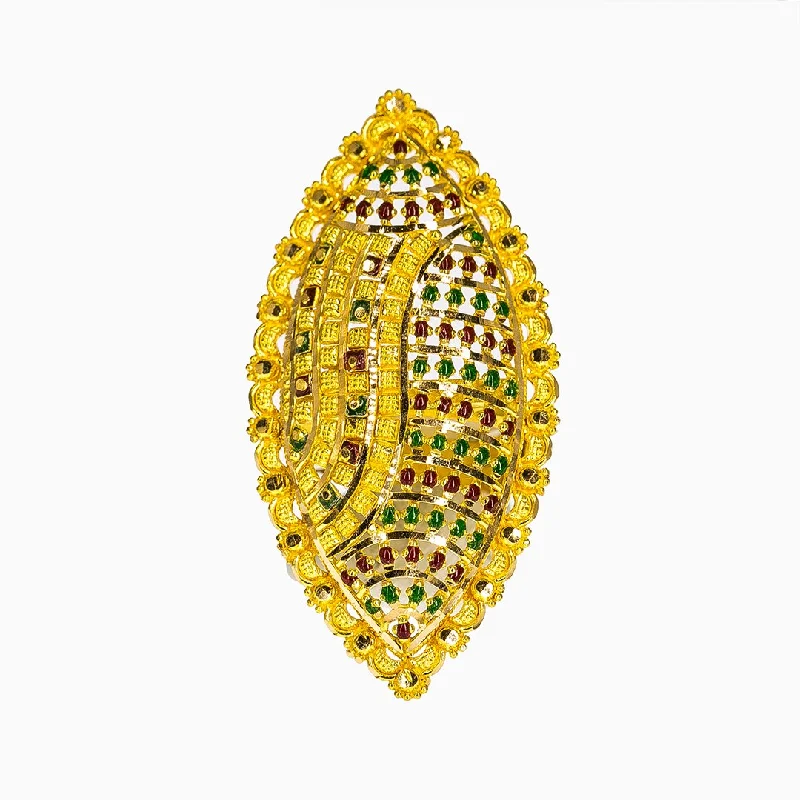 Adjustable Rings for Women-22K Yellow Gold Adjustable Shield Ring W/ Red & Green Meenakari Hand Paint