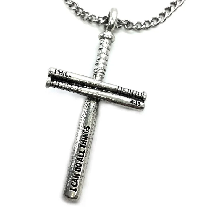 Rose Quartz Necklaces-Softball Bat Cross Necklace Pewter on chain