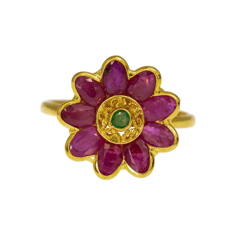 Antique Engagement Rings-22K Yellow Gold Flower Ring W/ Rubies & Emeralds, 4 Grams