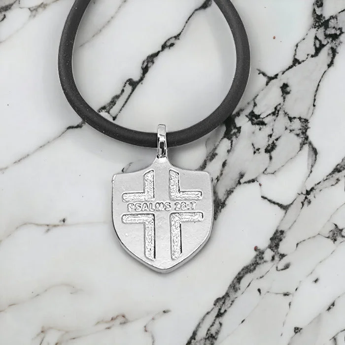 Bohemian Style Necklaces-Psalms 28:7 Shield Rhodium Metal Pendant Black Cord Necklace