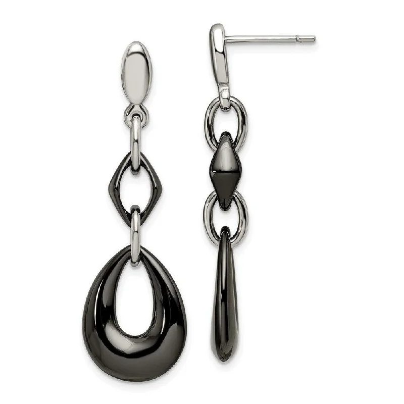 Luxury Pearl Earrings-Stainless Steel And Black Ceramic Polished Dangle Post Earrings