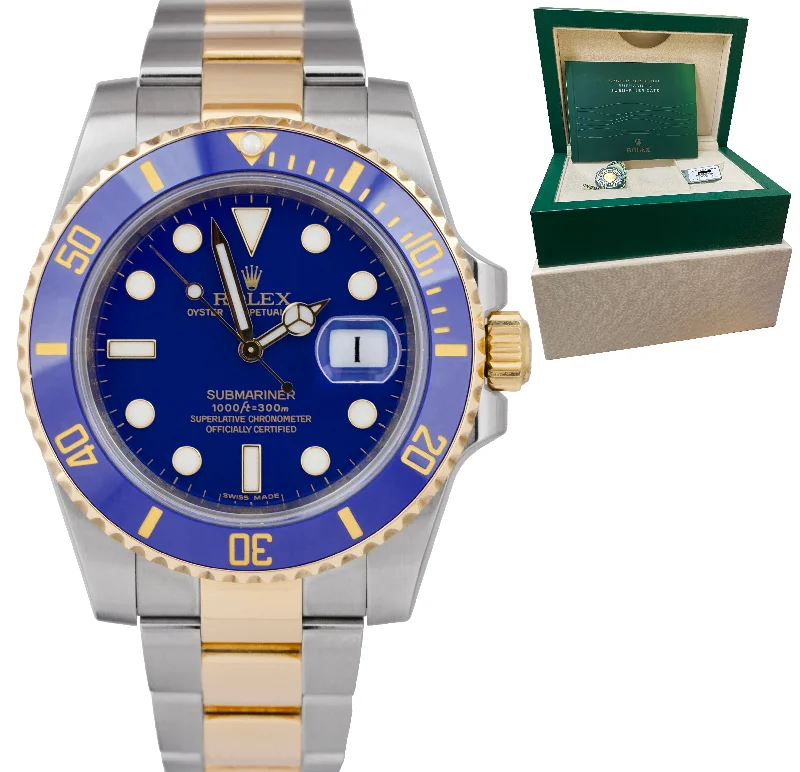 Solar Watches with Time Display-Rolex Submariner Date Ceramic Two-Tone Gold Steel Blue Automatic Watch 116613 LB