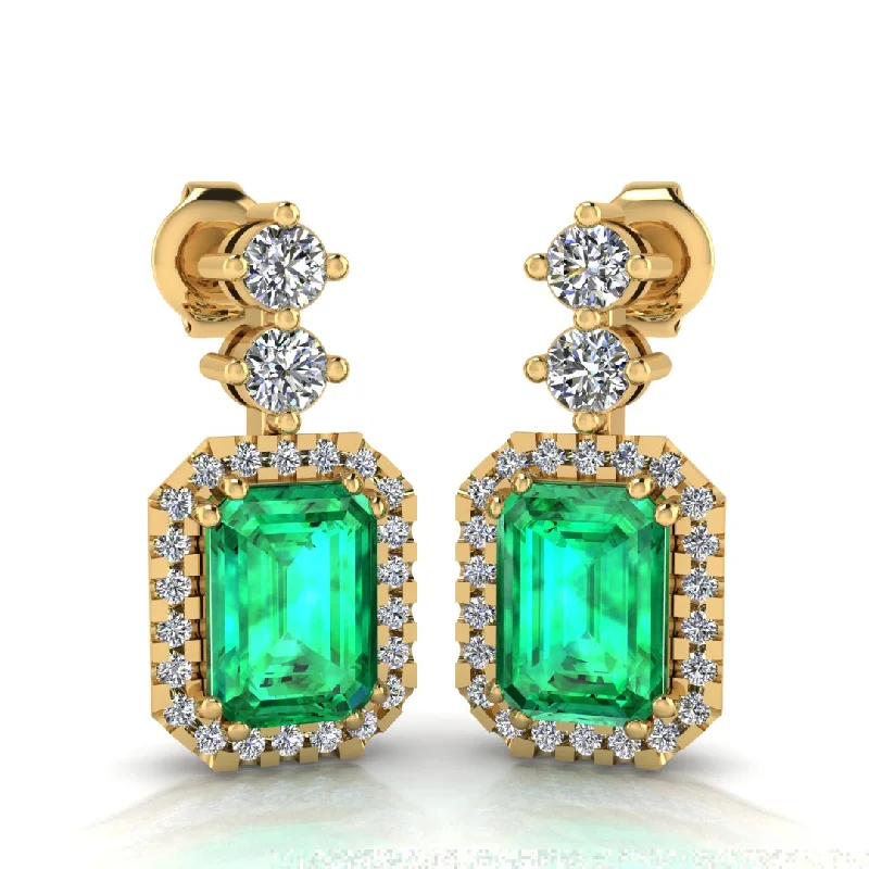 Trendy Dangle Earrings-Emerald Cut 1 Carat Emerald Natural Diamond Halo Drop Earrings E1ECE