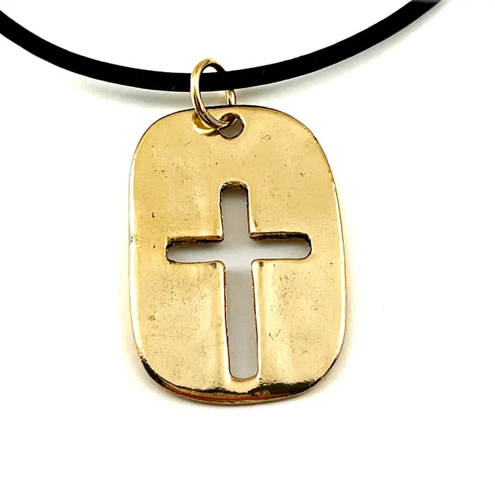 Simple Bead Necklaces-Cross Tag Gold Finish Black Cord Necklace