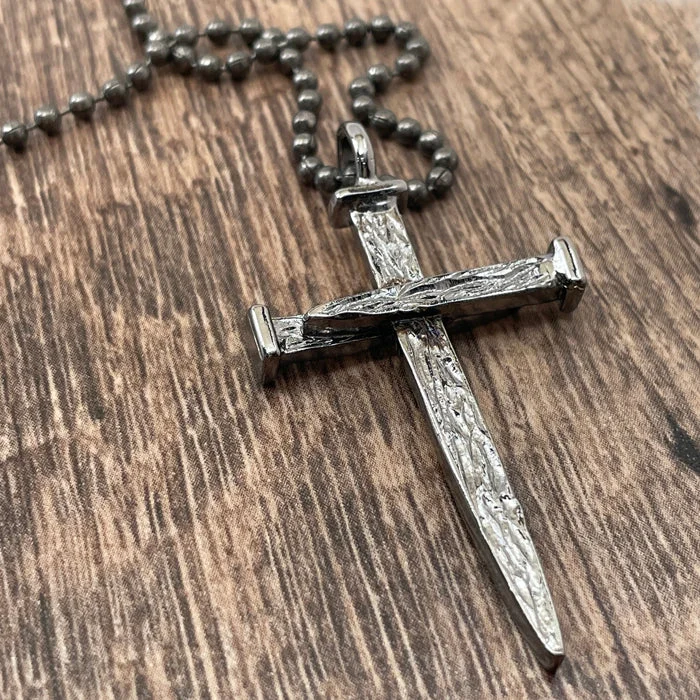 Elegant Wedding Pendant Necklaces-Nail Cross Large Rugged Dark Metal Finish Pendant Ball Chain With Gunmetal Finish Necklace