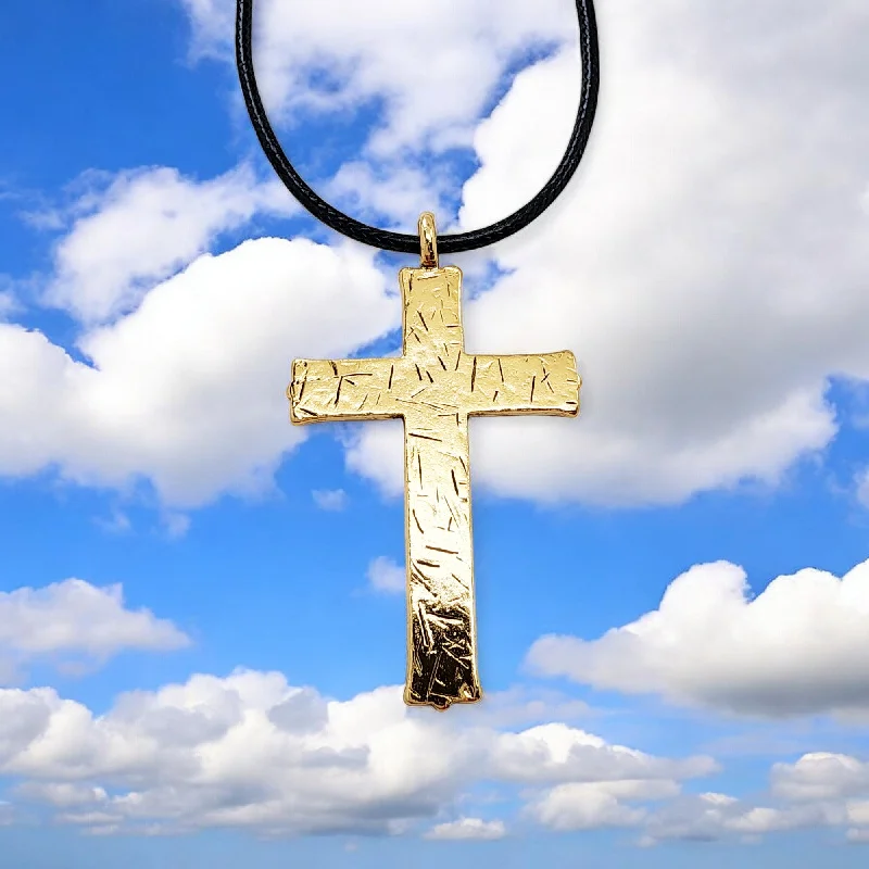 Unique Necklace Designs-Hammered Cross Gold  Metal Finish Black Cord Necklace