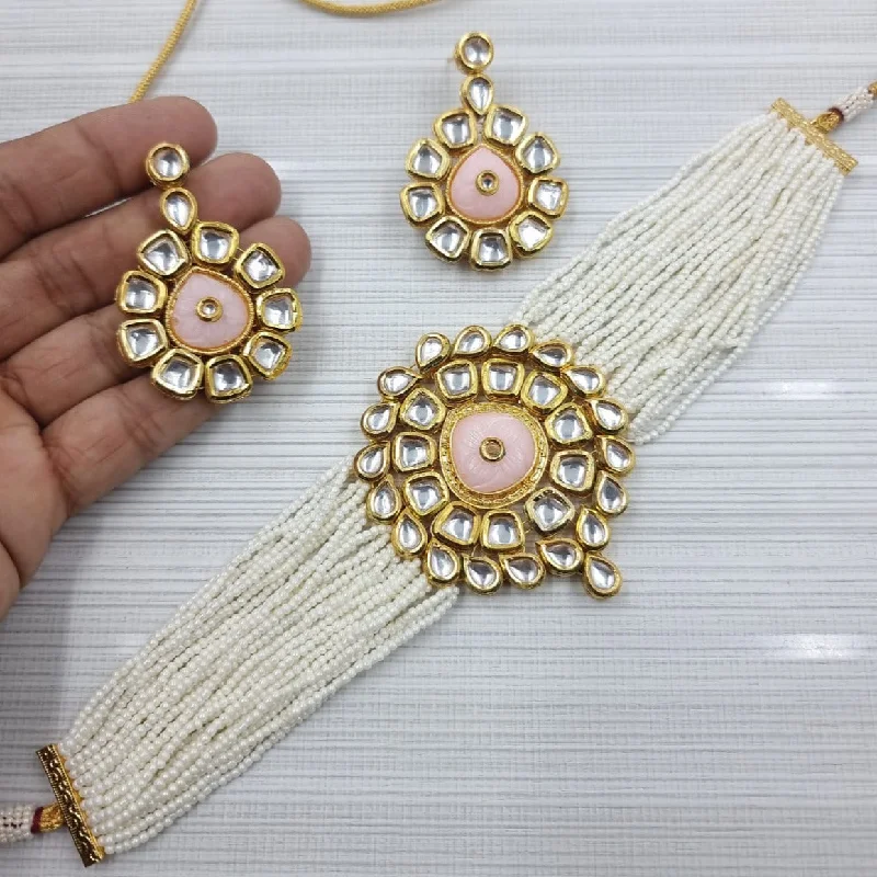 Gold and Diamond Necklaces-JCM Gold Plated Kundan Stone Choker Necklace Set