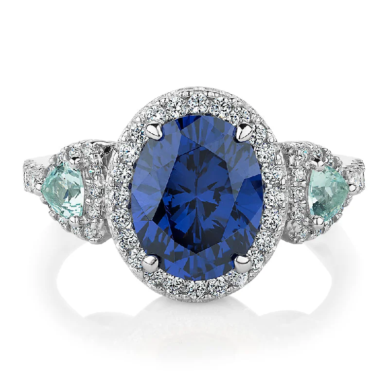 Custom Engagement Rings with Sapphire-Dress ring with tanzanite and aquamarine simulants and 0.48 carats* of diamond simulants in sterling silver