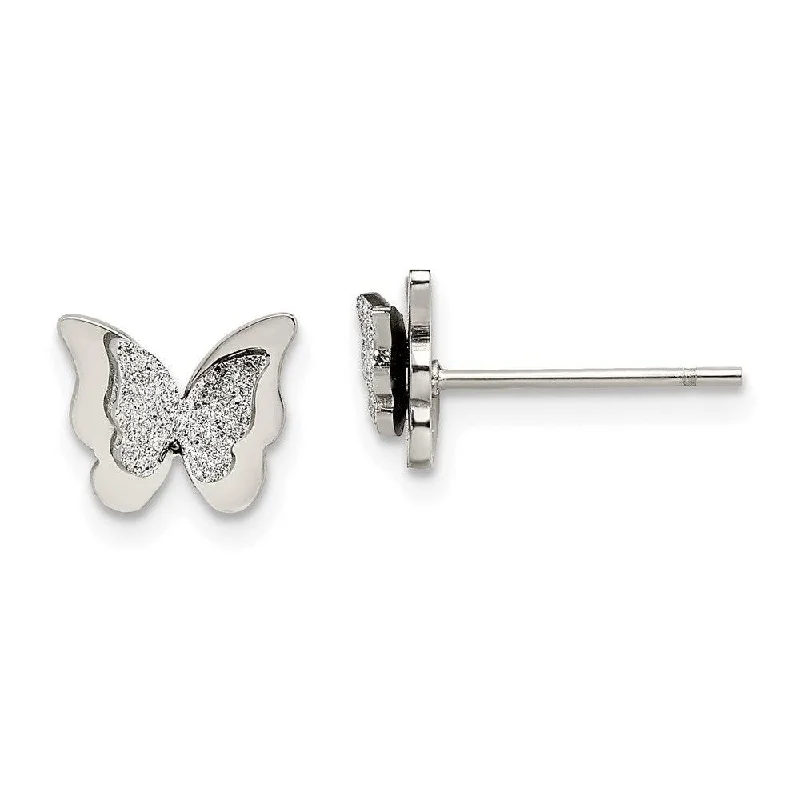 Custom Birthstone Earrings-Stainless Steel Polished Glitter Butterfly Post Earrings