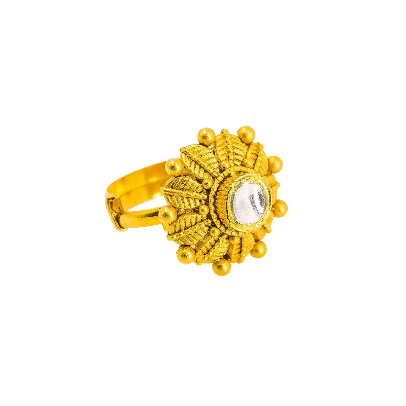 Simple Promise Rings-22K Yellow Gold Antique Ring W/ Kundan, Engraved Leaf Accents & Extendable Band