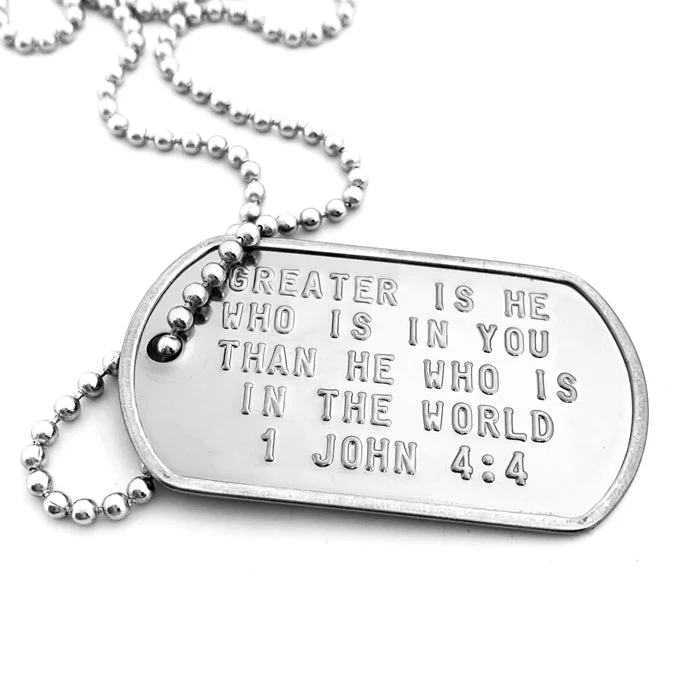 Romantic Necklaces for Couples-1 John 4:4 Greater Is He Who Is In You Than He Who Is In The World Dog Tag Necklace