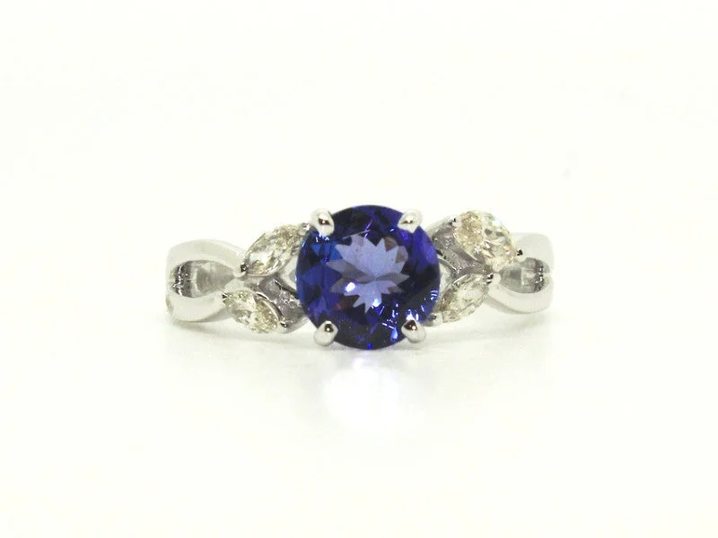 Unique Vintage Wedding Rings-Round Tanzanite & Marquee Cut Diamond Ring AD No. 1078