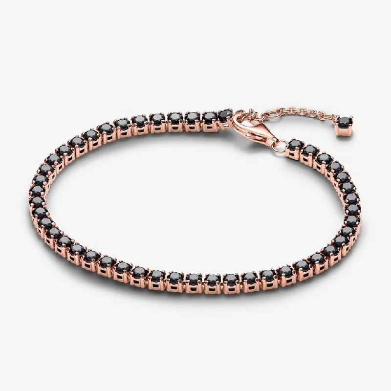 Classic Tennis Bracelets for Women-PANDORA : Black Sparkling Tennis Bracelet - Rose Gold Plated