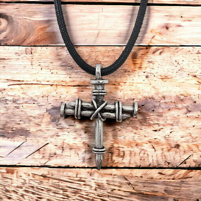 Elegant Gold Necklaces-Pewter Nail Cross Necklace Silver