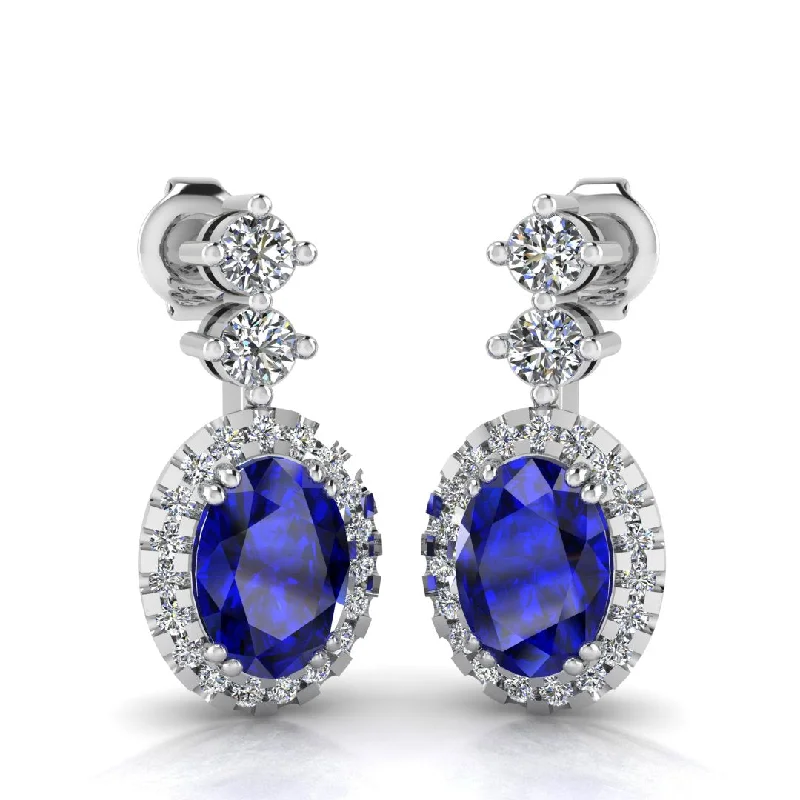 Gold Plated Dangle Earrings-Sapphire 1.40 Carat Oval Shape Halo Lab Grown Diamond Drop Earrings E1OCS