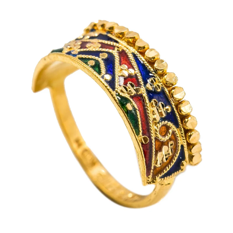 Birthstone Engagement Rings-22K Yellow Gold Enamel Ring W/ Abstract Mountain Range Design