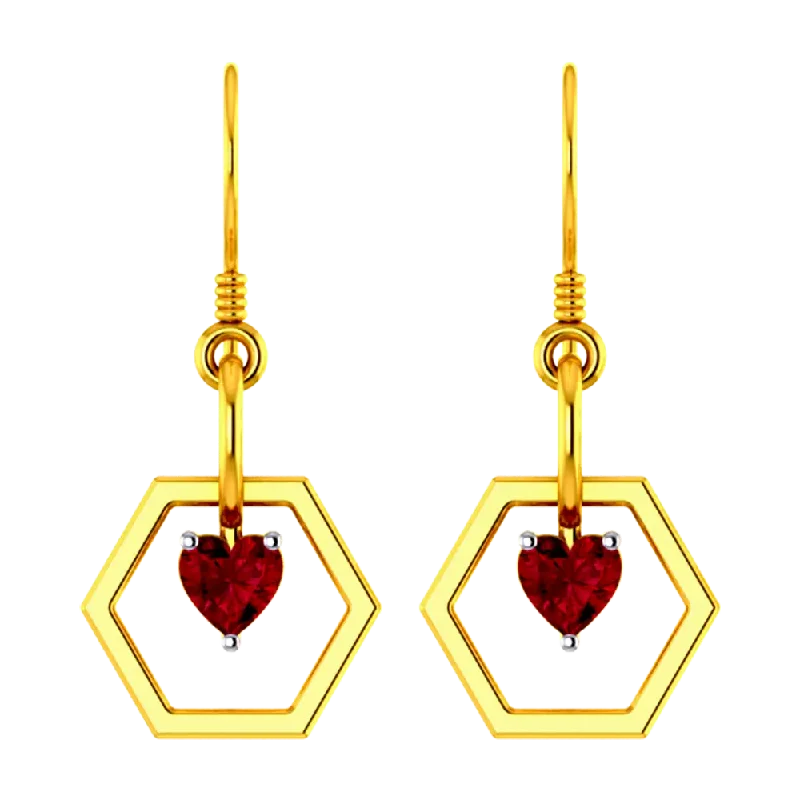 Fine Jewelry Earrings-Hexagonal 18k Gold Earrings With American Diamond-studded Mini Heart Pendant