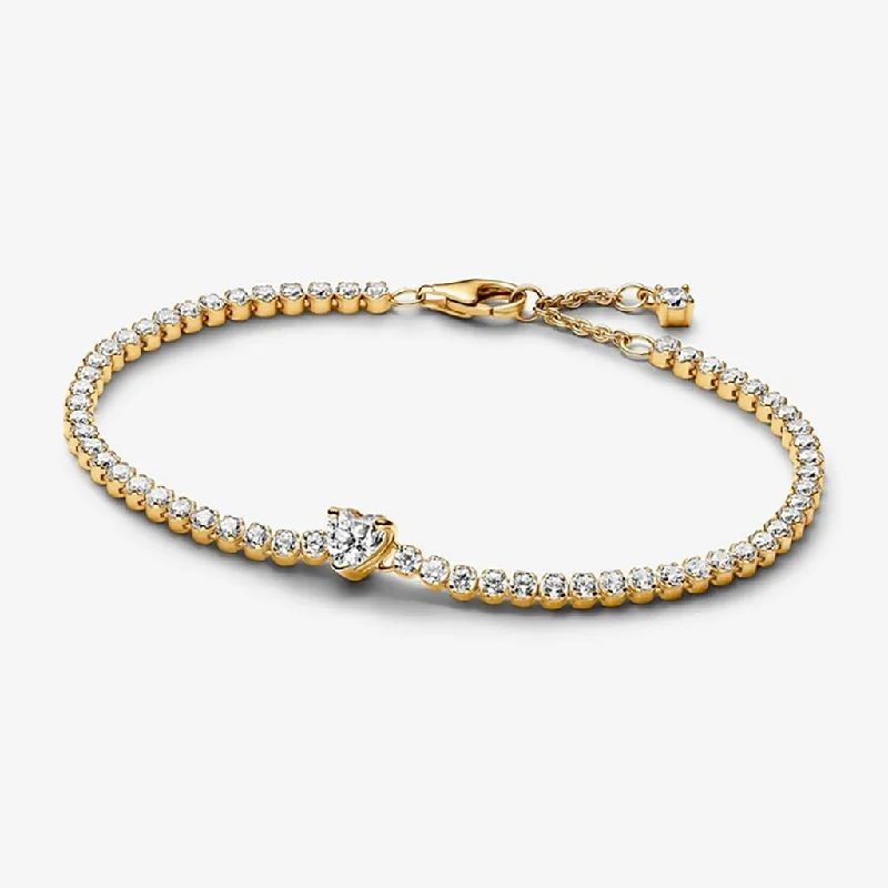 Rose Gold Tennis Bracelets-PANDORA : Sparkling Heart Tennis Bracelet - Gold