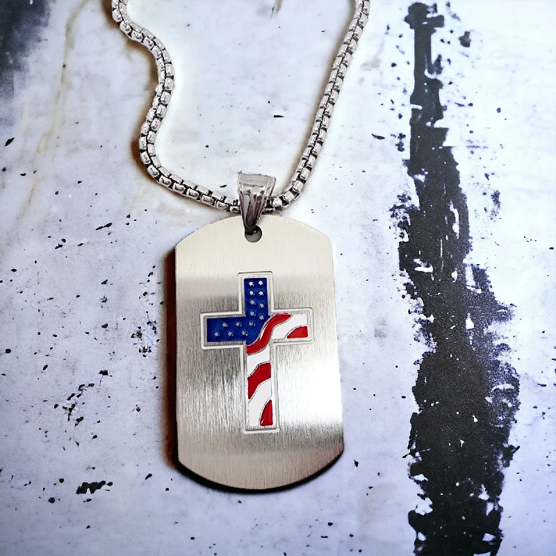 Personalized Nameplate Necklaces-American Flag Cross Tag Stainless Steel Heavy Chain Necklace