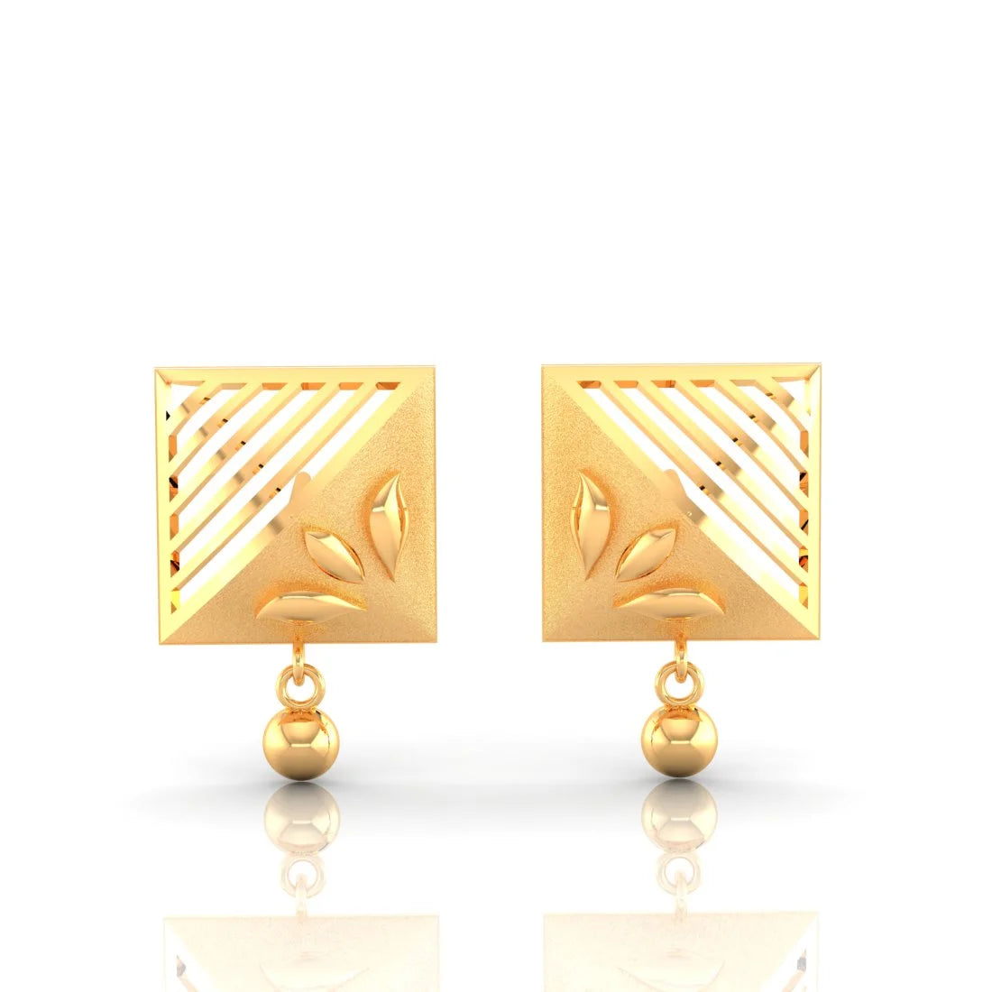 Long Dangle Earrings-22KT (916) Yellow Gold Square Drop Stud Earrings With Leaf Motif