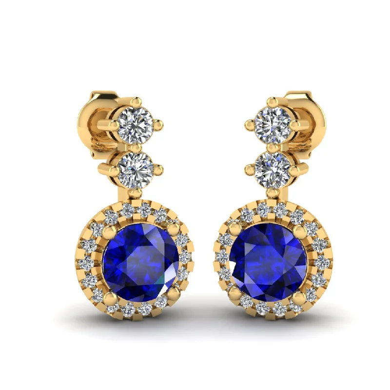 Gorgeous Long Earrings-Sapphire 1.10 Carat Round Shape Halo Lab Grown Diamond Drop Earrings E1RBS