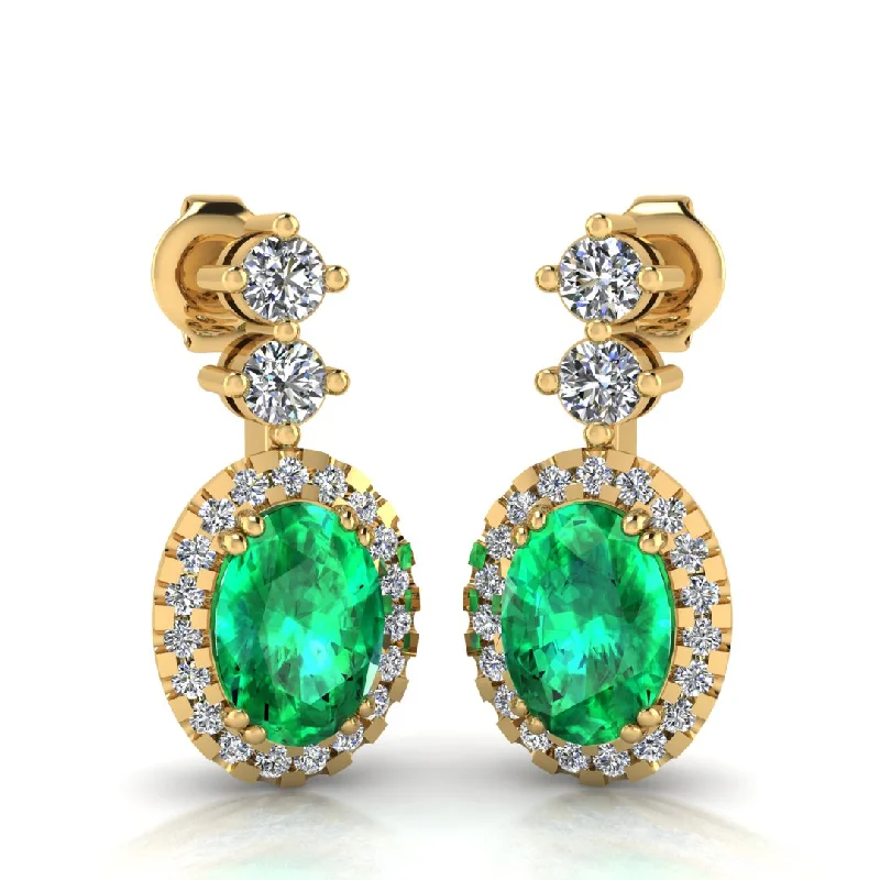 Long Gold Earrings-Emerald 1.40 Carat Oval Shape Halo Lab Grown Diamond Drop Earrings E1OCE