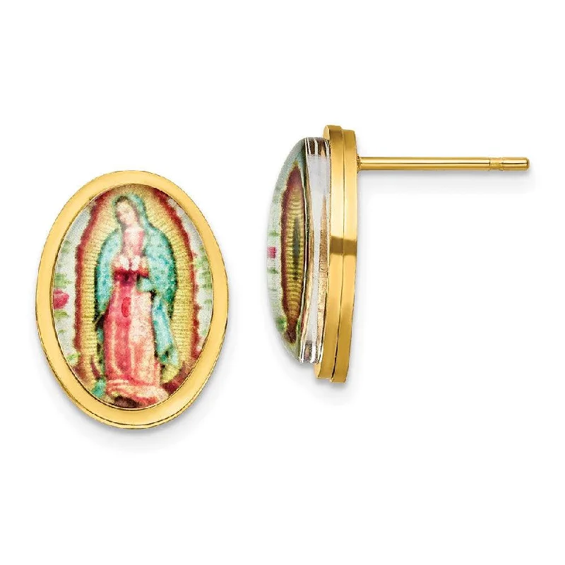 Stylish Hoop Earrings for Women-Stainless Steel Polished Yellow IP Enamel Lady of Guadalupe Post Earrings