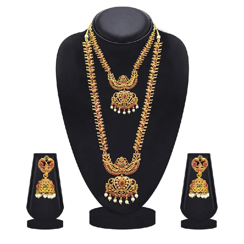 Minimalist Gold Necklaces-Kriaa Gold Plated Green & Pink & Pearl Double Necklace Set - 1116006A