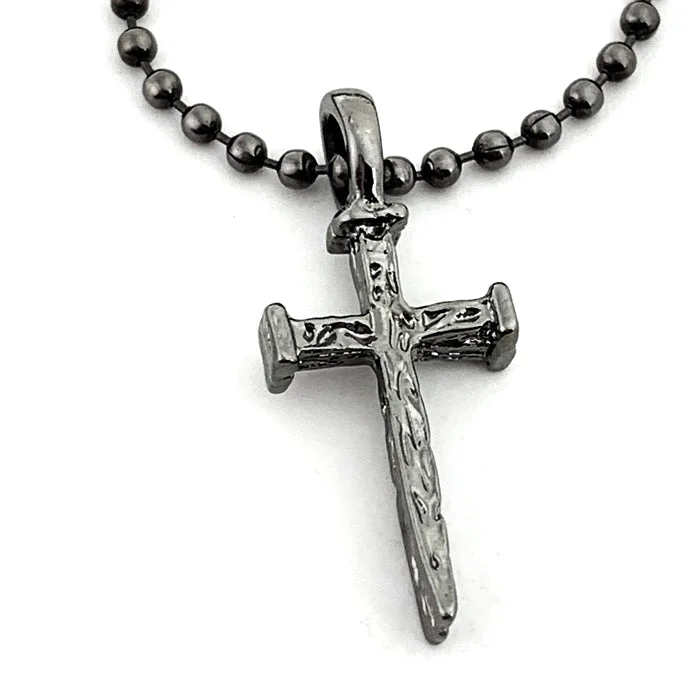 Heart Pendant Necklaces-Nail Cross And Ball Chain With Gunmetal Finish Necklace