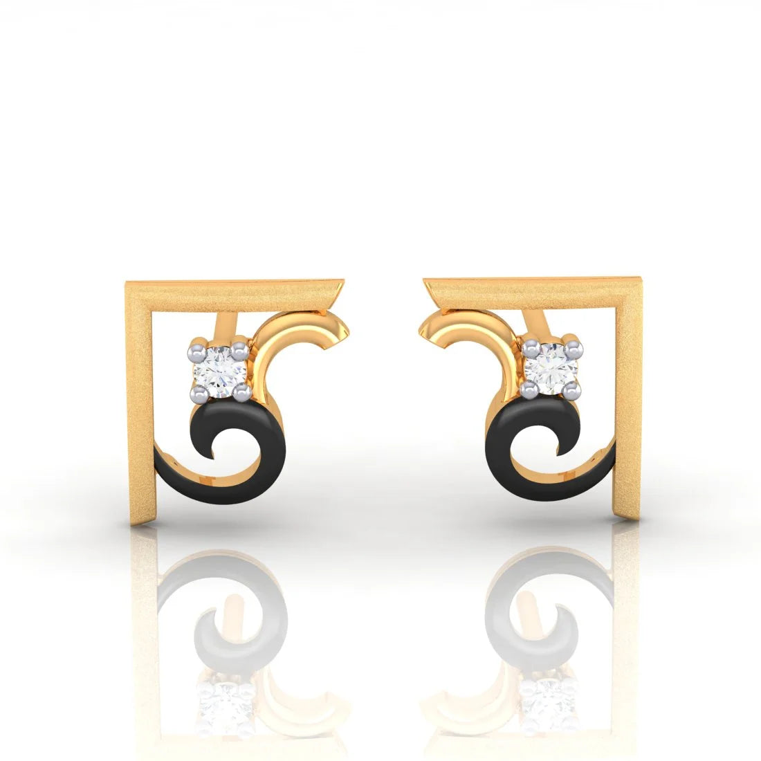 Floral Earrings for Women-22k (916) Gold Earrings Geometric Swirl Studs With Black Meena And Embedded Stones