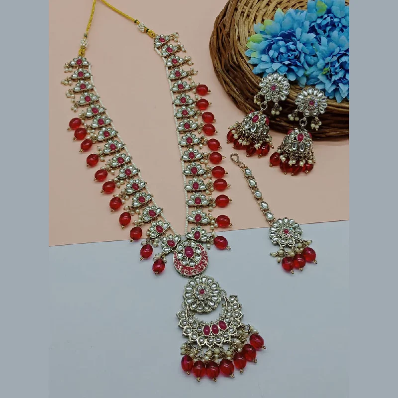 Modern Gold Necklaces-Gehana Mahal Gold Plated Kundan Stone And Pearls Long Necklace Set