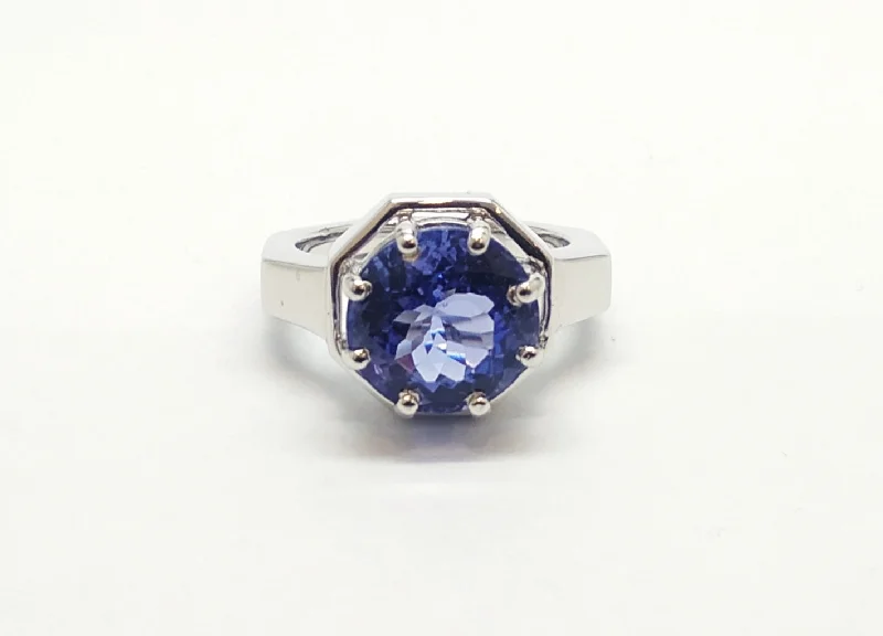 Vintage Silver Engagement Rings-ROUND TANZANITE RING SET IN WHITE GOLD AD NO- 1848