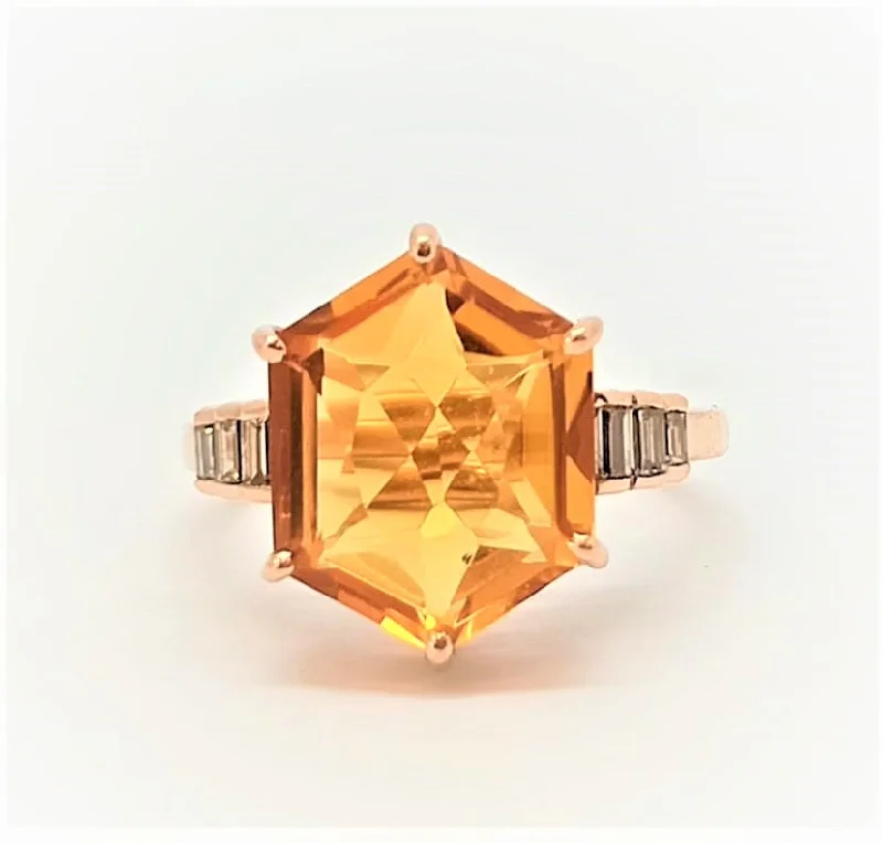 Dainty Gold Rings-CITRINE AND DIAMOND BAGUETTE RING IN 14K ROSE GOLD AD NO.2120