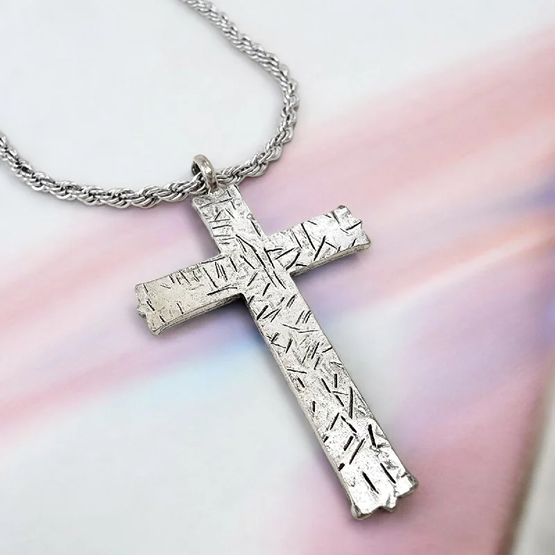 Bohemian Style Necklaces-Hammered Cross Antique Silver Metal Finish Rope Chain Necklace