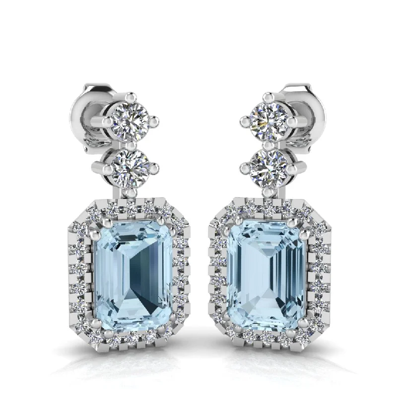 Wedding Earrings for Guests-Emerald Cut 1 Carat Aquamarine Lab Grown Diamond Halo Drop Earrings E1ECA